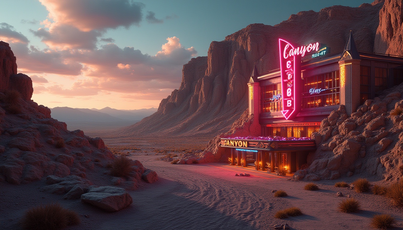 Prompt: Canyon Casino, brutalist architecture, rugged concrete exterior, angular geometric shapes, fortress-like structure, monumental scale, dramatic lighting, neon signs, vibrant colors, urban desert landscape, distant mountain range, warm sunset glow, cinematic composition, low-angle shot, symmetrical framing, rich textures, industrial materials, metallic accents, bold typography, retro-futuristic ambiance.