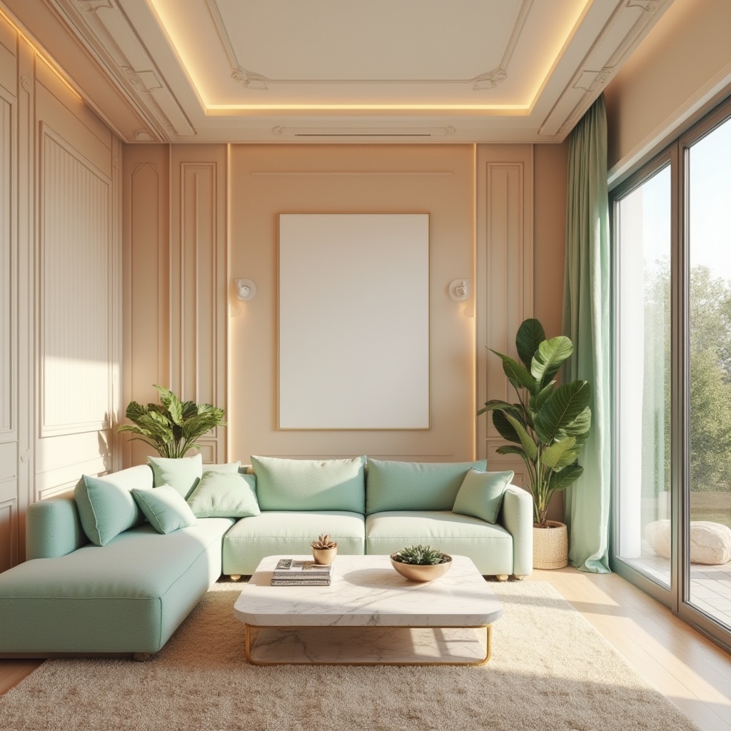 Prompt: Interior design, modern living room, cohesive color palette, pastel shades, soft peach walls, cream-colored furniture, mint green accents, golden lighting fixtures, marble coffee table, velvet sofa, fluffy area rug, floor-to-ceiling windows, natural daylight, 3/4 composition, warm and inviting atmosphere, realistic textures, ambient occlusion.