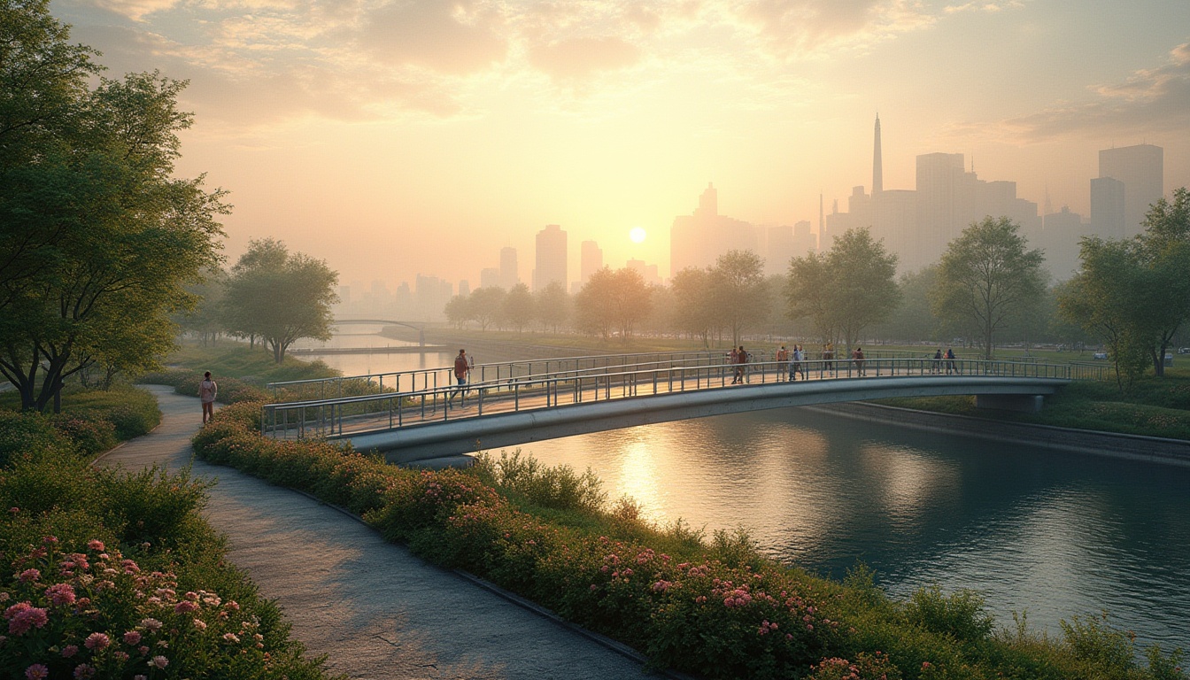 Prompt: Landscape integration, pedestrian bridges, modern architecture, sleek design, steel structure, silver metal, glass railings, urban planning, cityscape, green spaces, riverside, lakefront, sunset time, warm ambient lighting, gentle breeze, misty atmosphere, distant skyscrapers, vibrant flowers, lush greenery, walking paths, leisurely pace, peaceful atmosphere, 3/4 composition, panoramic view, cinematic mood.