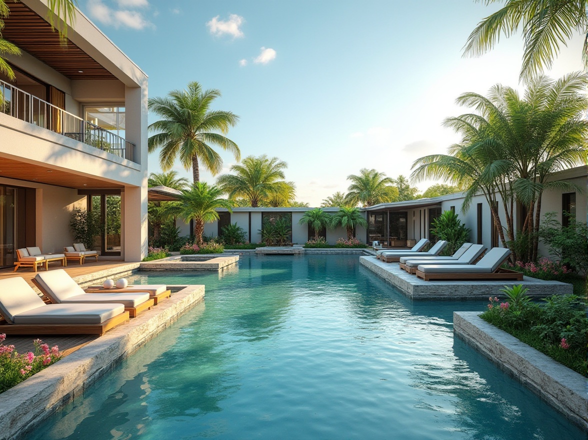 Prompt: Luxurious villa, backyard oasis, sunny afternoon, clear blue sky, warm atmosphere, inviting pool area, turquoise water, gentle ripples, outdoor lounge chairs, soft cushions, wooden decking, lush greenery, palm trees, colorful flowers, tranquil ambiance, 3/4 composition, warm lighting, shallow depth of field, realistic render.