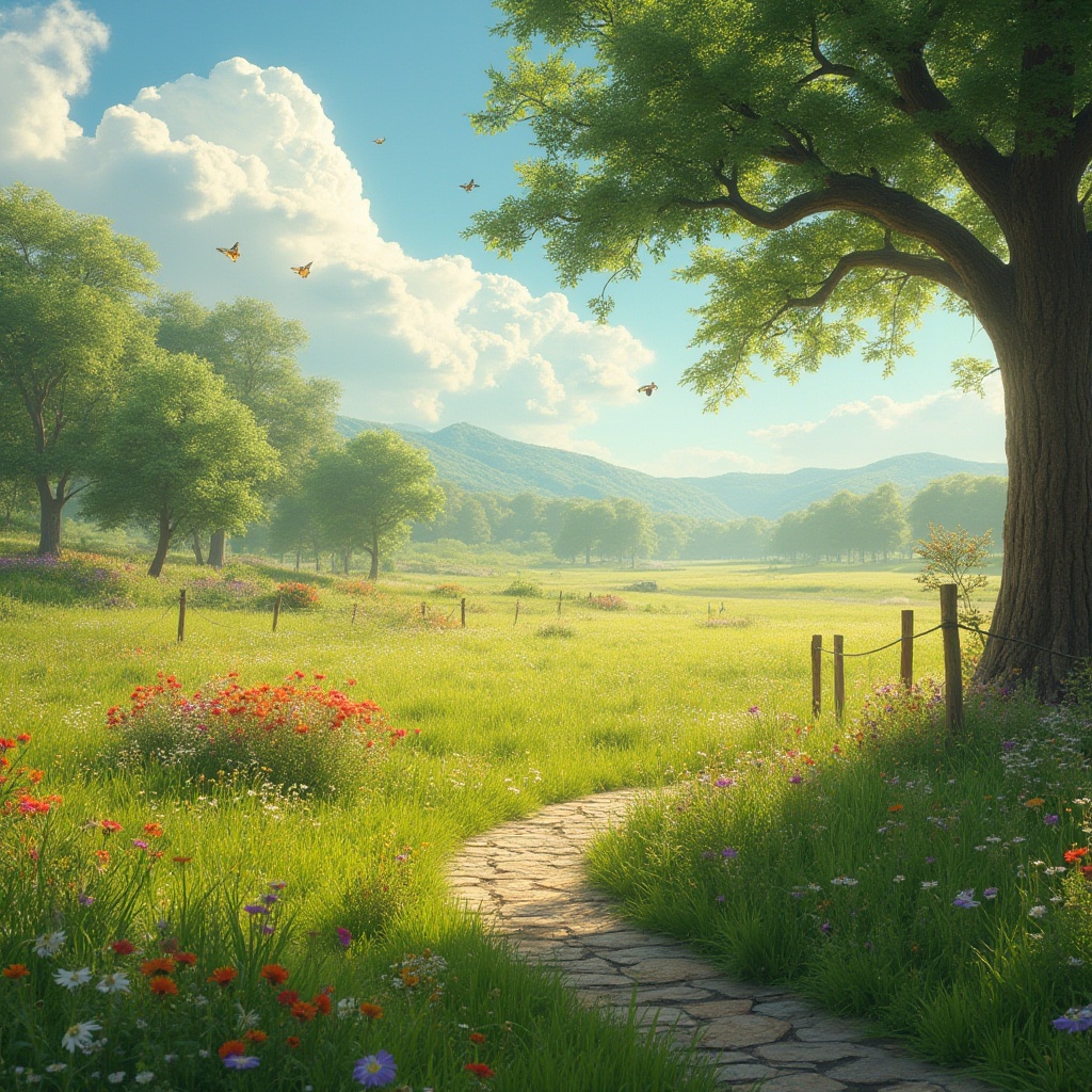 Prompt: Vibrant meadow scene, sunny afternoon, gentle breeze, lush green grass, colorful wildflowers blooming, bees buzzing, butterflies fluttering, rustic wooden fence surrounding, old oak tree standing tall, natural stone pathway winding through, comfortable bench seating area, serene atmosphere, warm soft lighting, shallow depth of field, panoramic view, cinematic composition.