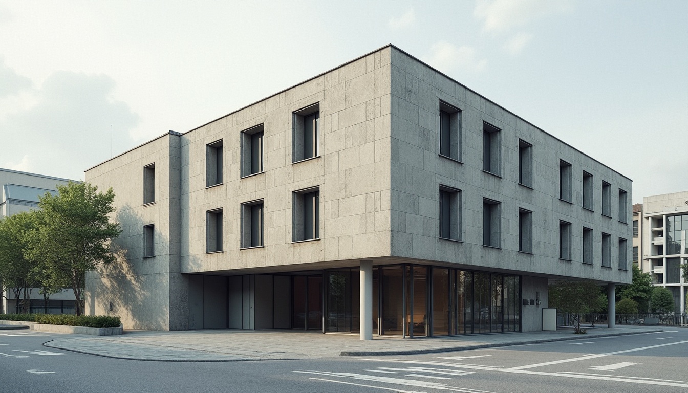 Prompt: Bauhaus style, modern facade, geometric shape, rectangular form, clean lines, minimal ornamentation, functional simplicity, industrial materials, steel frame, glass windows, concrete walls, asymmetrical composition, urban cityscape, daytime, soft natural light, 3/4 view, low-angle shot, brutalist architecture, minimalist aesthetic.