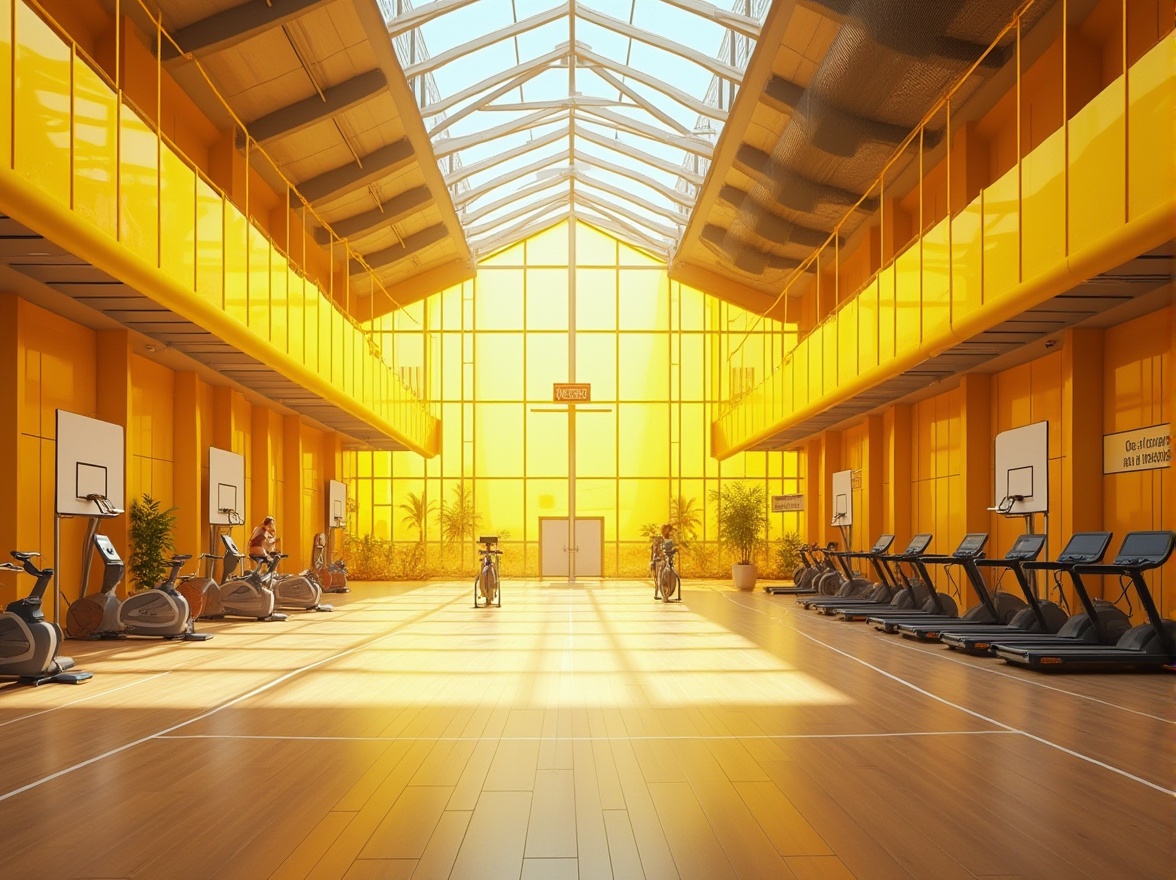 Prompt: Modern gymnasium interior, innovative use of light yellow colored glass, transparent ceiling, natural light pouring in, warm and soft ambient lighting, sleek lines, minimalist architecture, steel beams, polished wooden floors, athletic equipment scattered, basketball hoops, tennis nets, rows of treadmills, exercise bicycles, large mirrors on walls, motivational quotes written on glass surfaces, 3/4 composition, low-angle shot, shallow depth of field, vibrant colors, realistic reflection, HDR.