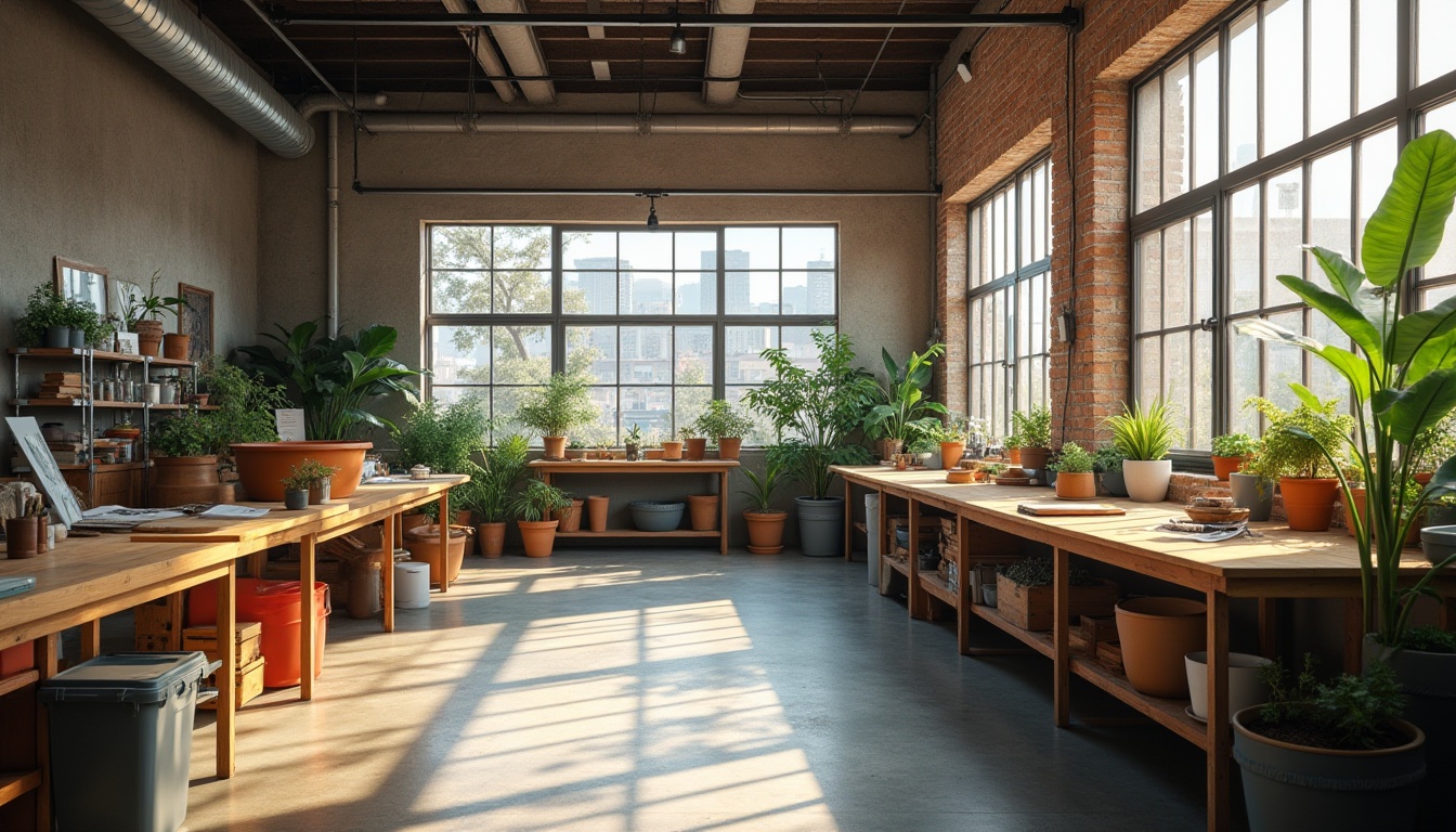 Prompt: Minimalist workshop, urban setting, natural light, wooden tables, eco-friendly materials, recycling bins, potted plants, industrial chic decor, concrete floor, exposed brick walls, large windows, cityscape view, morning sunlight, soft shadows, 3/4 composition, shallow depth of field, warm color tone, natural textures.