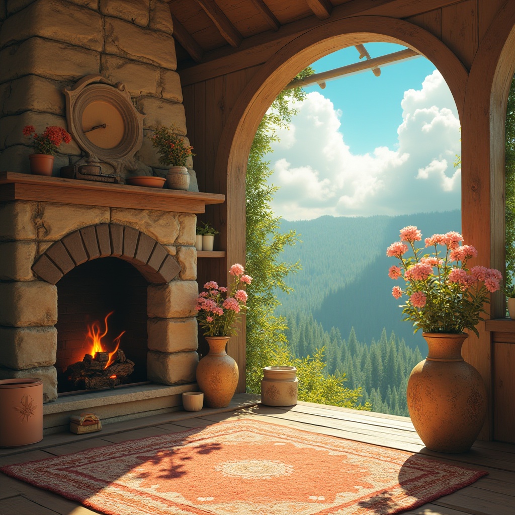 Prompt: Vibrant color palette, warm sunny day, bright blue sky, fluffy white clouds, lush green forest, vintage wooden cabin, cozy interior, rustic stone fireplace, soft golden lighting, warm beige walls, natural wood furniture, earthy tone ceramic vase, pastel pink flowers, serene atmosphere, 3/4 composition, shallow depth of field, cinematic mood.