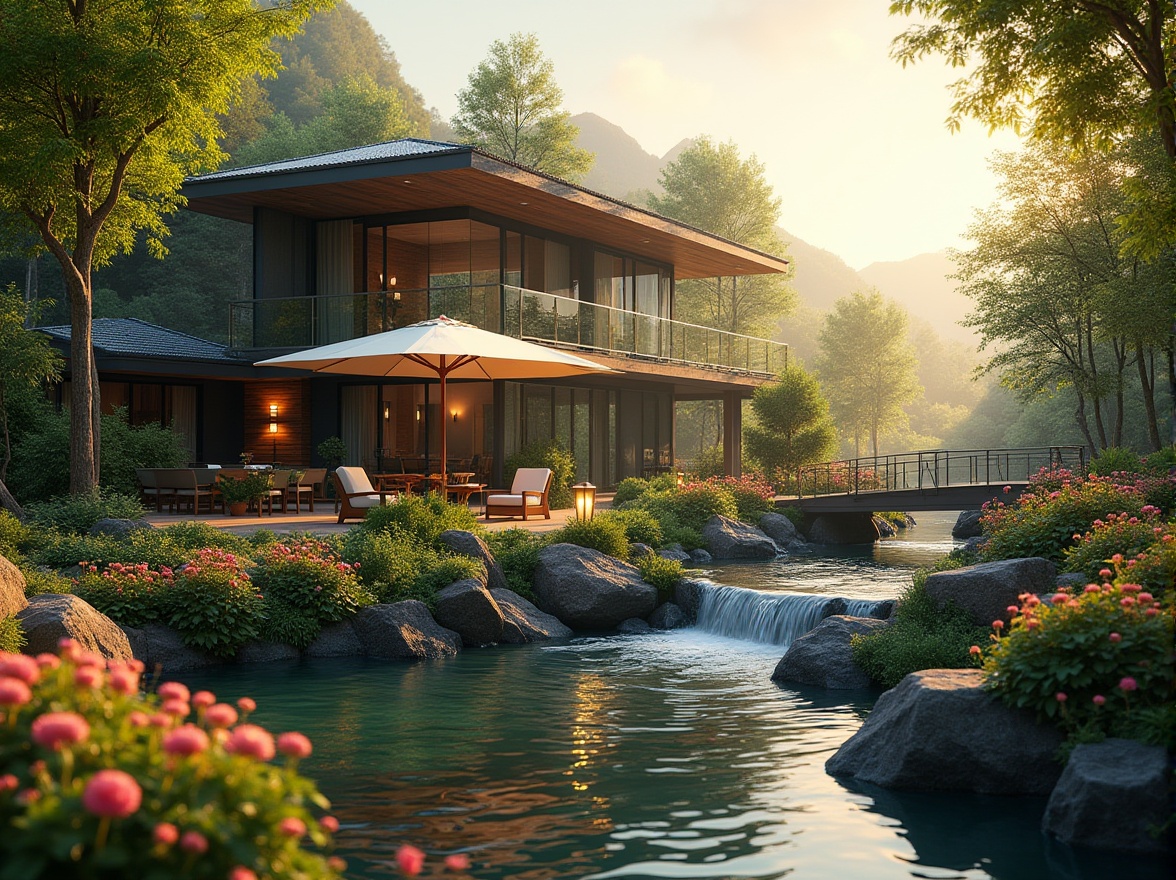 Prompt: Serene landscape integration, blending with nature, modern villa, surrounded by lush greenery, trees, flowers blooming in vibrant colors, gentle stream flowing, waterfalls, rocks, wooden bridge, outdoor furniture, parasol, lanterns, warm sunset light, soft mist, depth of field, cinematic composition, 3/4 view, ambient occlusion, realistic textures, natural materials, earthy tones.