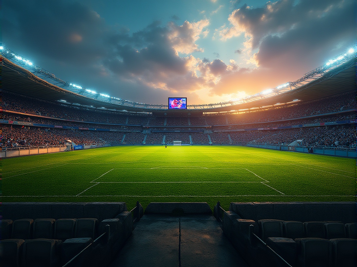 Prompt: Stadium, sports event, evening atmosphere, vibrant LED lights, HD scoreboard, green grass, detailed texture, realistic crowd, cheering fans, 3/4 composition, panoramic view, soft focus on background, sharp focus on foreground, warm sunset lighting, dramatic shadows, lush greenery, metal bleachers, concrete structure, intricate details, shiny railing, weathered stone walls, ambient noise of cheering crowd.