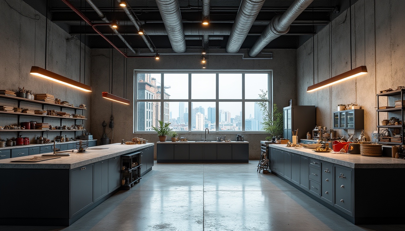 Prompt: Urban minimalist workshop, industrial-style interior, granite countertops, polished concrete floor, exposed ductwork, steel beams, industrial lamps, modern machinery, tools scattered, minimal decor, natural light pouring through large windows, cityscape view, 3/4 composition, high-contrast lighting, cinematic atmosphere, detailed textures.