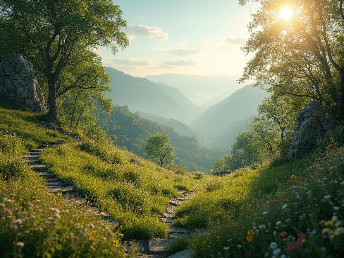 Prompt: Panoramic landscape, serene atmosphere, gentle slope, lush greenery, harmonious colors, vibrant wildflowers, subtle mist, warm sunlight filtering through trees, natural stone walls blending with surroundings, wooden benches in harmony with nature, winding path, soft focus background, atmospheric perspective, cinematic composition, 3/4 view angle, shallow depth of field, softbox lighting.