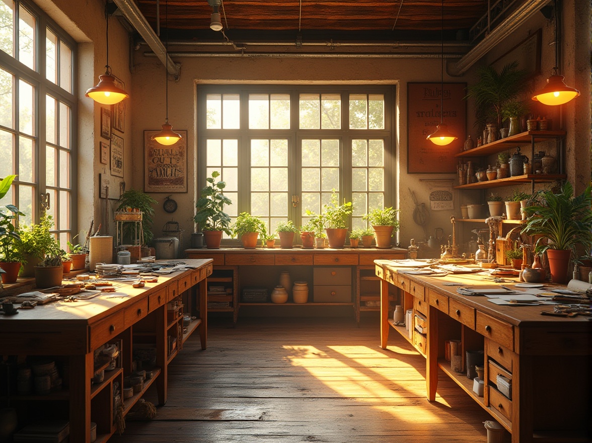 Prompt: Workshop design, golden color scheme, warm atmosphere, wooden tables, metal tools, creative mess, scattered papers, inspirational quotes on walls, natural light pouring through large windows, plants on shelves, industrial style lighting, 3/4 composition, shallow depth of field, vibrant colors, warm shadows, realistic textures, ambient Occlusion.