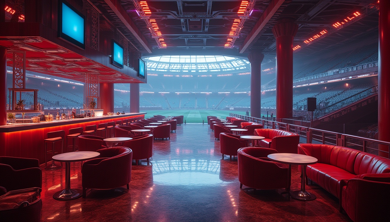 Prompt: Stadium interior, luxurious VIP lounge, richly textured velvet sofas, intricately patterned marble floor, gleaming metallic railings, polished wooden bars, vibrant LED lights, futuristic digital screens, sleek glass tables, plush cushioned chairs, modern minimalist architecture, atmospheric misty lighting, 3/4 composition, high-angle shot, cinematic ambiance, shallow depth of field.