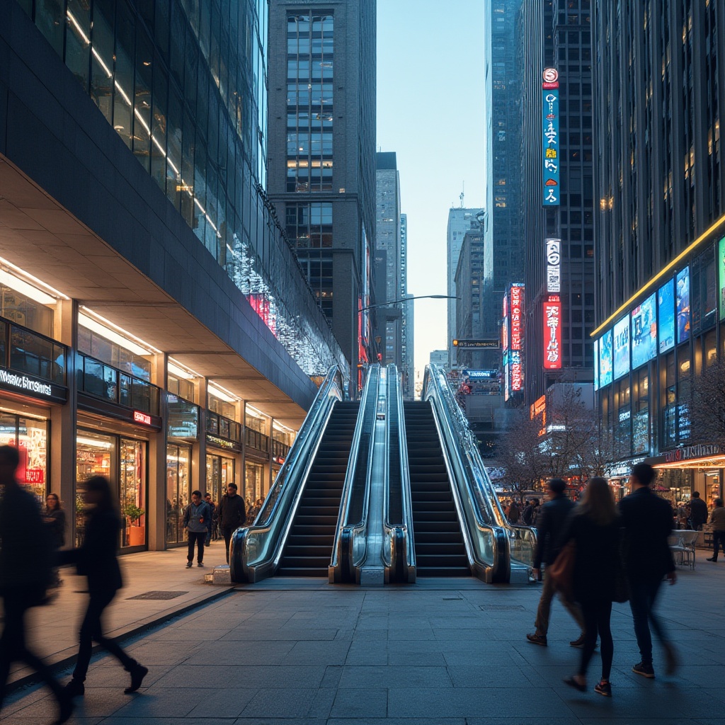 Prompt: Modern metro station facade, futuristic architecture, glass and steel materials, sleek lines, geometric patterns, LED light installations, urban cityscape, busy street scene, people walking by, blurred motion effect, warm evening lighting, 3/4 composition, shallow depth of field, cinematic mood, high-rise buildings in the background, concrete pavement, metal railings, vibrant neon signs, abstract art murals, escalators, stairs, and glass doors.