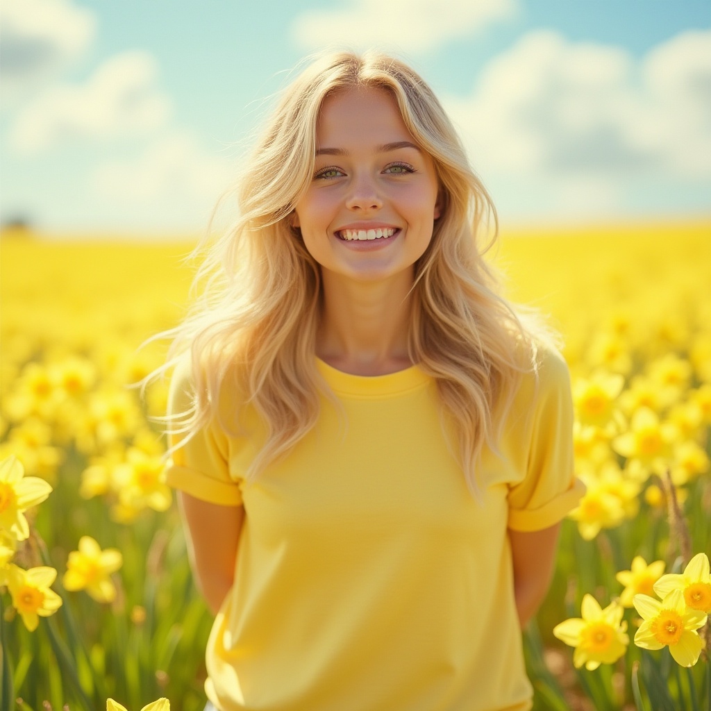 Prompt: Light yellow background, warm sunny day, optimistic atmosphere, happy smiling face, bright detailed eyes, gentle curved eyebrows, soft wavy blonde hair, subtle natural makeup, casual comfortable clothing, relaxed pose, hands behind back, standing, gentle breeze, blooming daffodils, green grass, white puffy clouds, clear blue sky, 3/4 composition, shallow depth of field, vivid color palette, warm soft lighting.