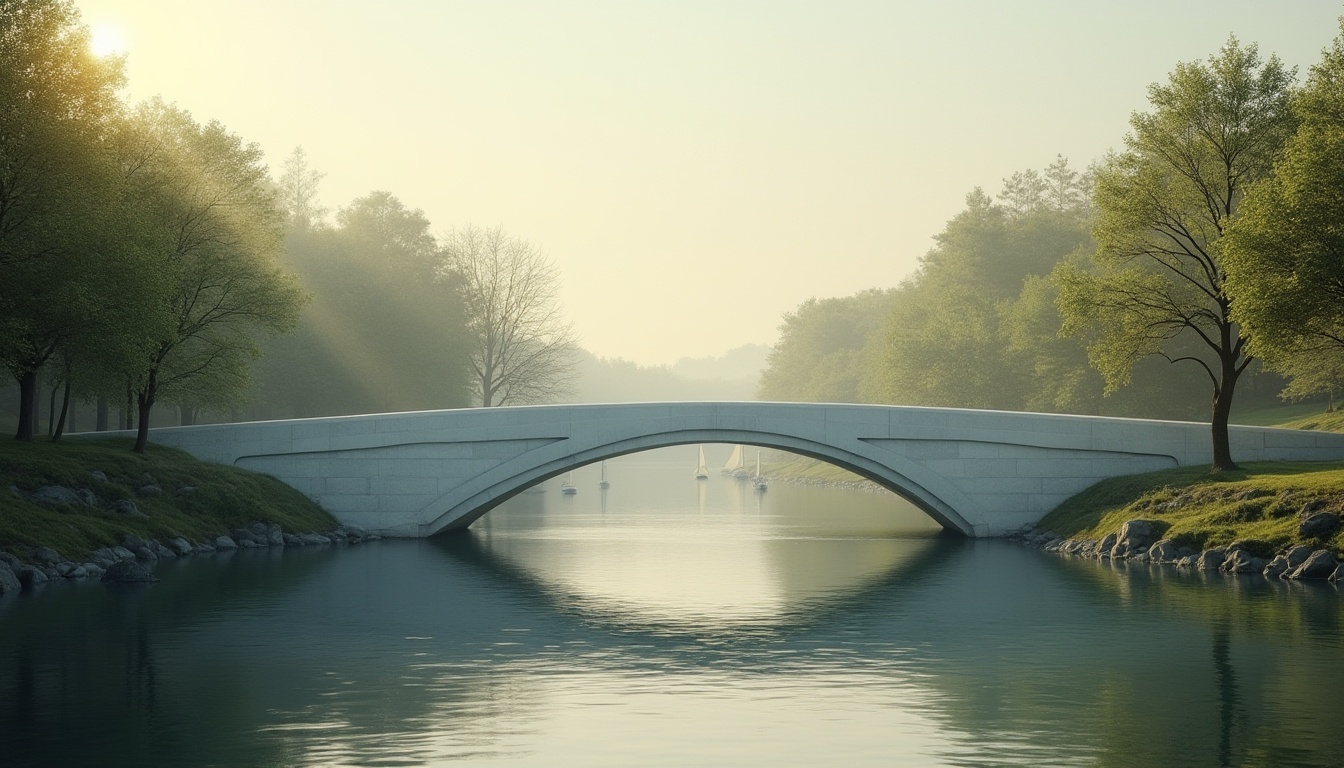 Prompt: Minimalist bridge, simple curves, smooth arches, white concrete material, subtle texture, gentle slope, peaceful river below, calm water reflection, lush greenery on both banks, few sailboats drifting lazily, warm afternoon sunlight casting long shadows, soft focus, 3/4 composition, cinematic atmosphere, serene ambiance.