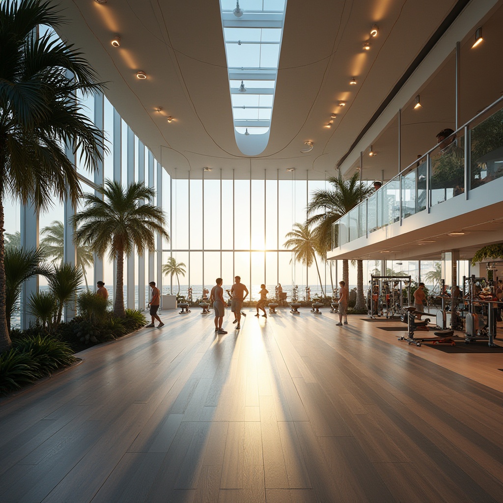 Prompt: Modern island gymnasium, futuristic architecture, sleek lines, curved roof, glass walls, transparent floor-to-ceiling windows, natural lighting, ocean views, palm trees surrounding, white sand beach, tropical plants, vibrant colors, minimalist interior design, wooden floors, suspended ceiling lights, state-of-the-art exercise equipment, athletes in motion, dynamic angles, high-contrast lighting, shallow depth of field, 3/4 composition, warm and inviting ambiance, sunset glow, soft focus background.