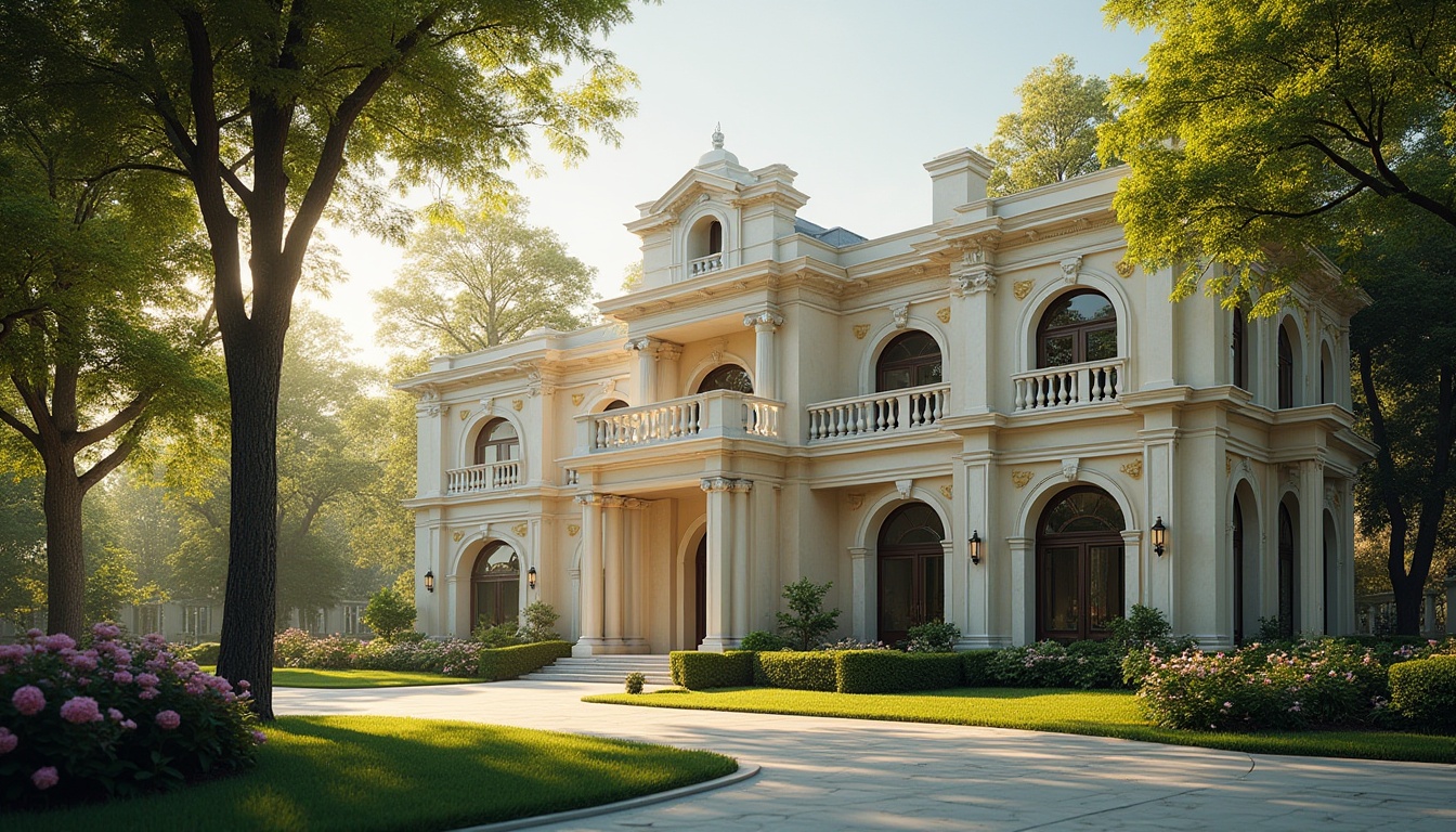 Prompt: Neoclassical architecture, residential area, luxurious villa, symmetrical facade, columns, arches, ornate details, marble-like texture, creamy white walls, dark brown roof, perfectly manicured lawn, trimmed hedges, blooming flower beds, tall trees providing shade, serene atmosphere, warm sunlight casting long shadows, 3/4 composition, slightly low angle shot, cinematic lighting, soft focus on background.