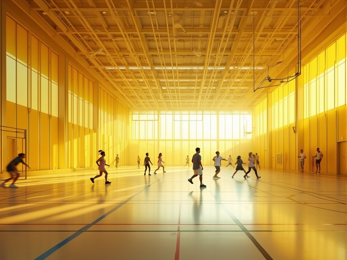 Prompt: Modern gymnasium interior, innovative use of light yellow colored glass, transparent walls, sleek lines, minimalist design, high ceilings, bright natural light pouring in, large windows, athletic tracks, basketball courts, fitness equipment, athletes exercising, dynamic movements, vibrant colors, warm atmosphere, abstract shadows, 3/4 composition, shallow depth of field, cinematic lighting.