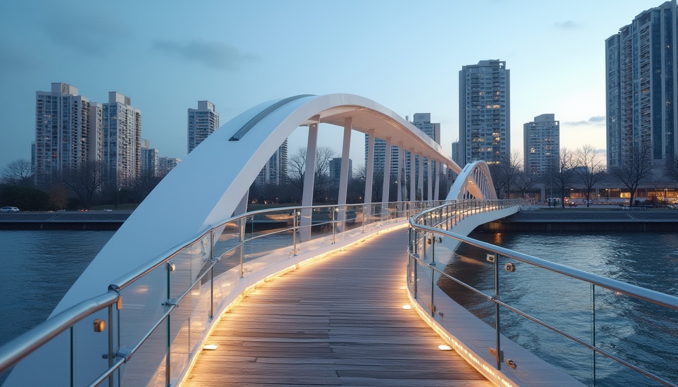 Prompt: Minimalist pedestrian bridge, modern design, simple steel structure, clean lines, white primary color, accents of wood brown, silver metallic railings, glass floors, subtle LED lighting, gentle curves, river flowing underneath, urban cityscape background, blue hour timing, warm soft light, shallow depth of field, cinematic composition, 3/4 view angle.