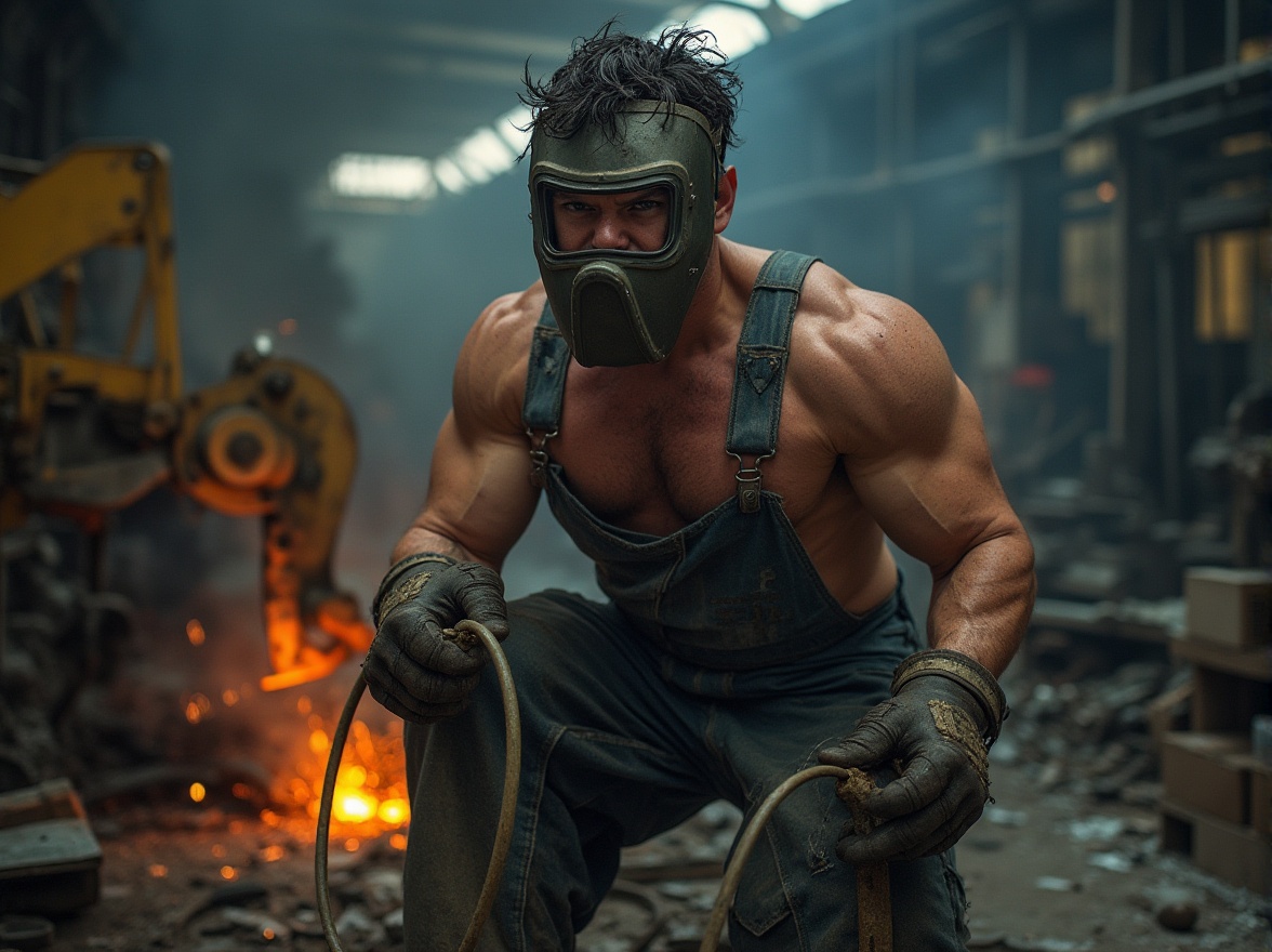 Prompt: Galvanized steel, industrial setting, factory, workshop, machinery, tools, metal scraps, sparks, welding mask, gloves, overalls, rugged boots, messy hair, sweat, intense facial expression, strong muscular arms, holding heavy equipment, low-angle shot, dramatic lighting, contrast between light and dark areas, metallic texture, rough surface, urban atmosphere.