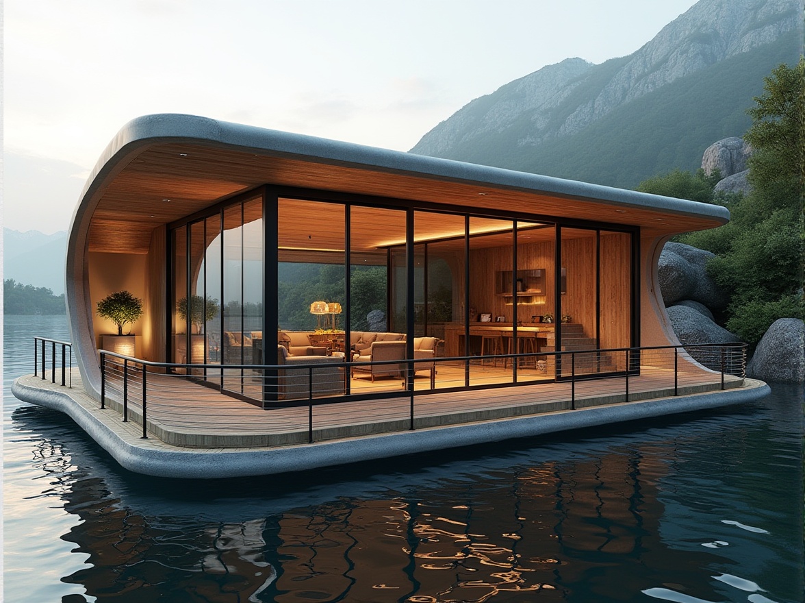 Prompt: Modern boathouse, innovative facade design, streamlined architecture, waterfront location, serene lake scenery, overhanging roof, floor-to-ceiling glass windows, sliding doors, wooden deck, metal railings, luxurious interior, minimalist decor, ambient lighting, warm color scheme, natural materials, stone walls, lush greenery surroundings, reflections on water surface, sunny day, soft focus background, cinematic composition, ultra-wide-angle shot.