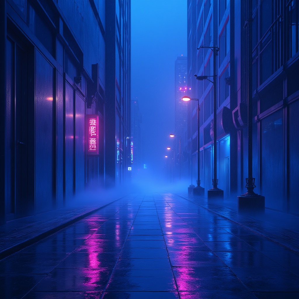 Prompt: Modern abstract background, blue violet color palette, gradient effect, ombre texture, futuristic feel, minimalist composition, low-angle shot, cinematic lighting, bold contrast, sleek lines, geometric shapes, metallic accents, glossy finish, urban cityscape at night, skyscraper, neon lights reflection on wet pavement, rainy atmosphere, misty mood, dramatic ambiance.