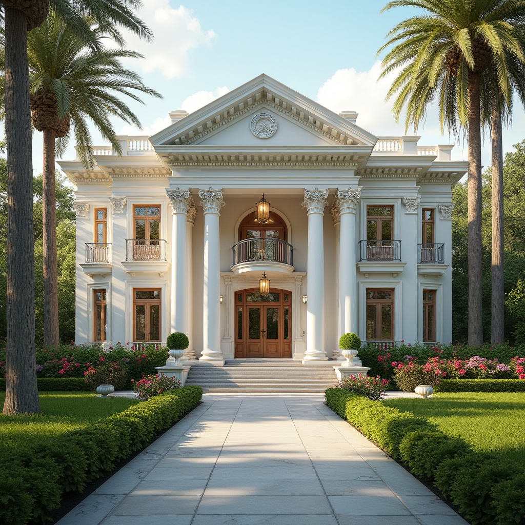 Prompt: Neoclassicism style, luxurious villa, residential area, timeless choice, elegant facade, white marble columns, grand entrance, ornate details, symmetrical composition, balanced proportions, beautifully manicured lawn, vibrant flowers, tall trees, peaceful atmosphere, warm afternoon sunlight, soft shadows, 3/4 composition, low-angle shot, cinematic lighting, realistic rendering.