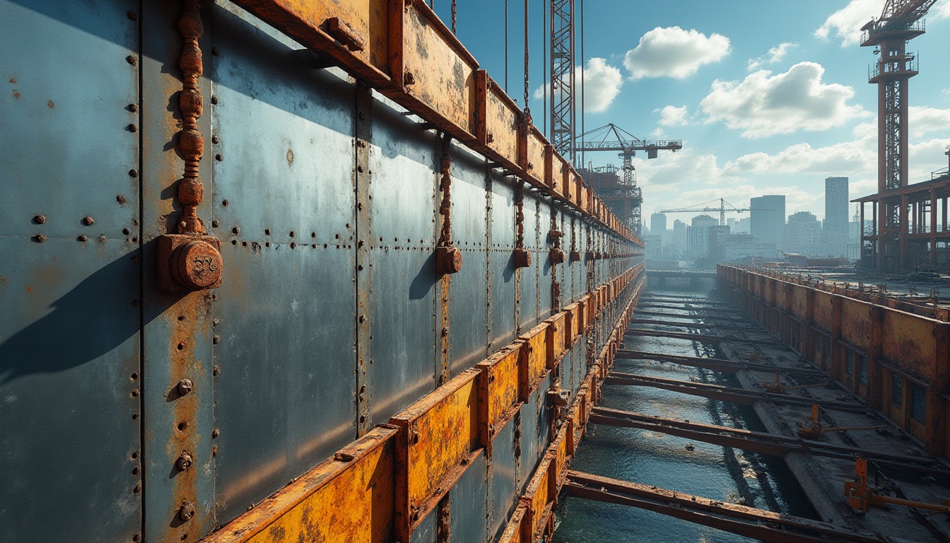 Prompt: Galvanized steel, industrial background, metallic texture, rusted bolts, steel beams, construction site, urban cityscape, crane, scaffolding, welding sparks, blueprints, hard hat, reflective vest, sunny day, clear sky, dramatic lighting, low-angle shot, symmetrical composition.