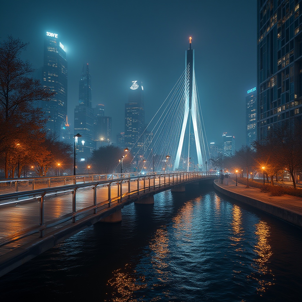 Prompt: Modern pedestrian bridges, sleek metallic structure, suspension cables, wooden decking, glass railings, urban cityscape, skyscrapers, busy streets, night scene, neon lights reflection on water, rippling river, trees along riverbank, autumn foliage, vibrant colors, misty atmosphere, warm streetlights, dramatic composition, low-angle shot, cinematic lighting.