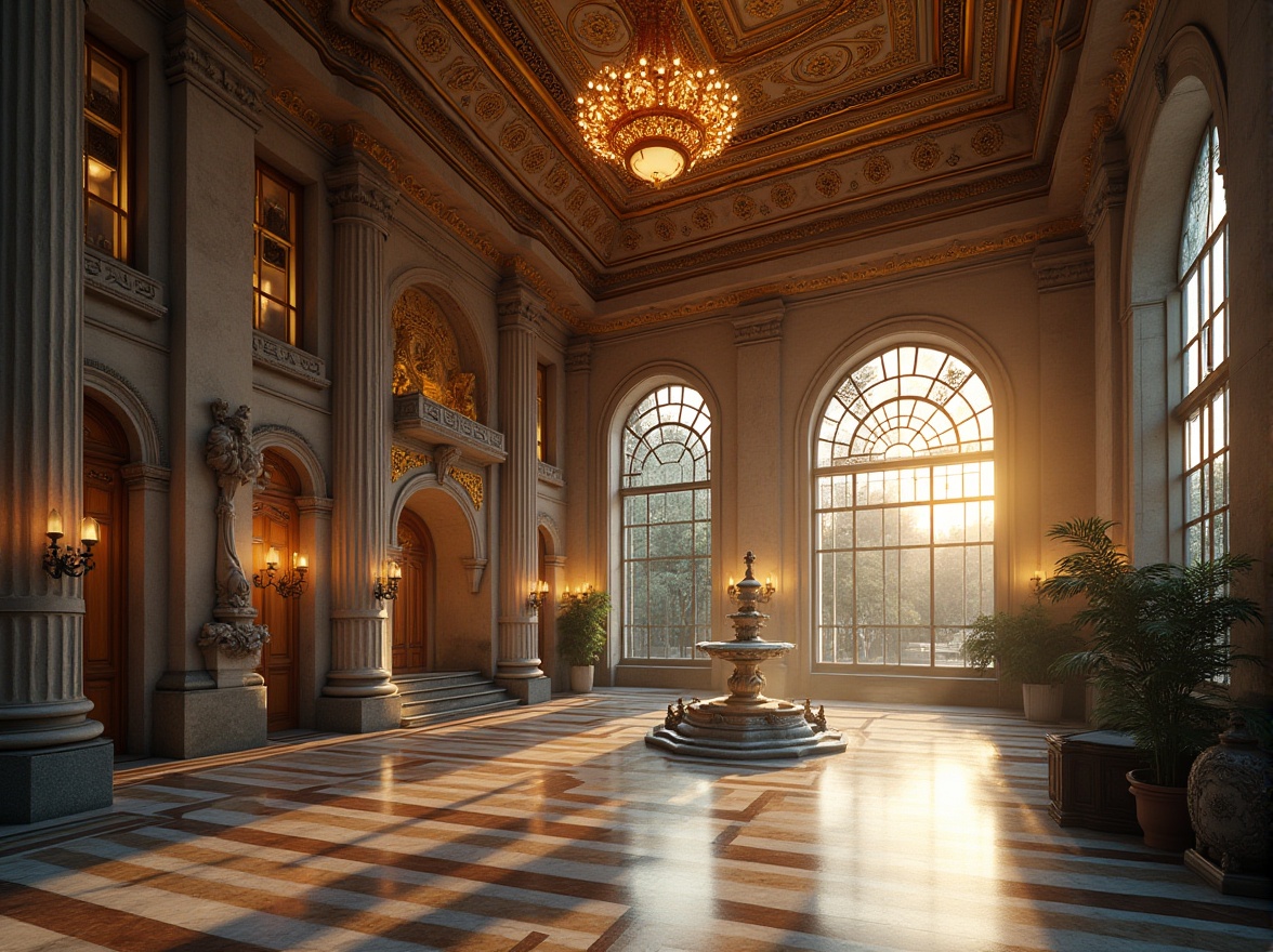 Prompt: Neoclassical train station, grand entrance, high ceiling, ornate chandelier, marble floor, Corinthian columns, intricate carvings, gold accents, large windows, stained glass, symmetrical composition, majestic atmosphere, Renaissance-inspired facade, imposing stone walls, subtle arches, ornate clock tower, vintage lanterns, lush greenery, surrounding gardens, serene fountain, sunset warm lighting, 3/4 angle view, cinematic depth of field.