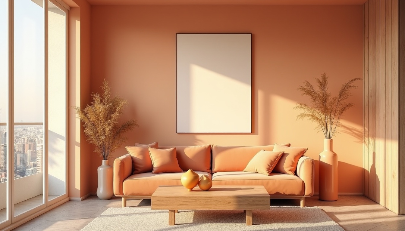 Prompt: Vibrant apricot colored walls, modern minimalist interior, solo decorative vase, abstract artwork, geometric shapes, luxurious velvet sofa, wooden coffee table, natural stone flooring, large windows, panoramic city view, sunny afternoon, warm soft lighting, 3/4 composition, shallow depth of field, pastel color palette, trendy Scandinavian design style.