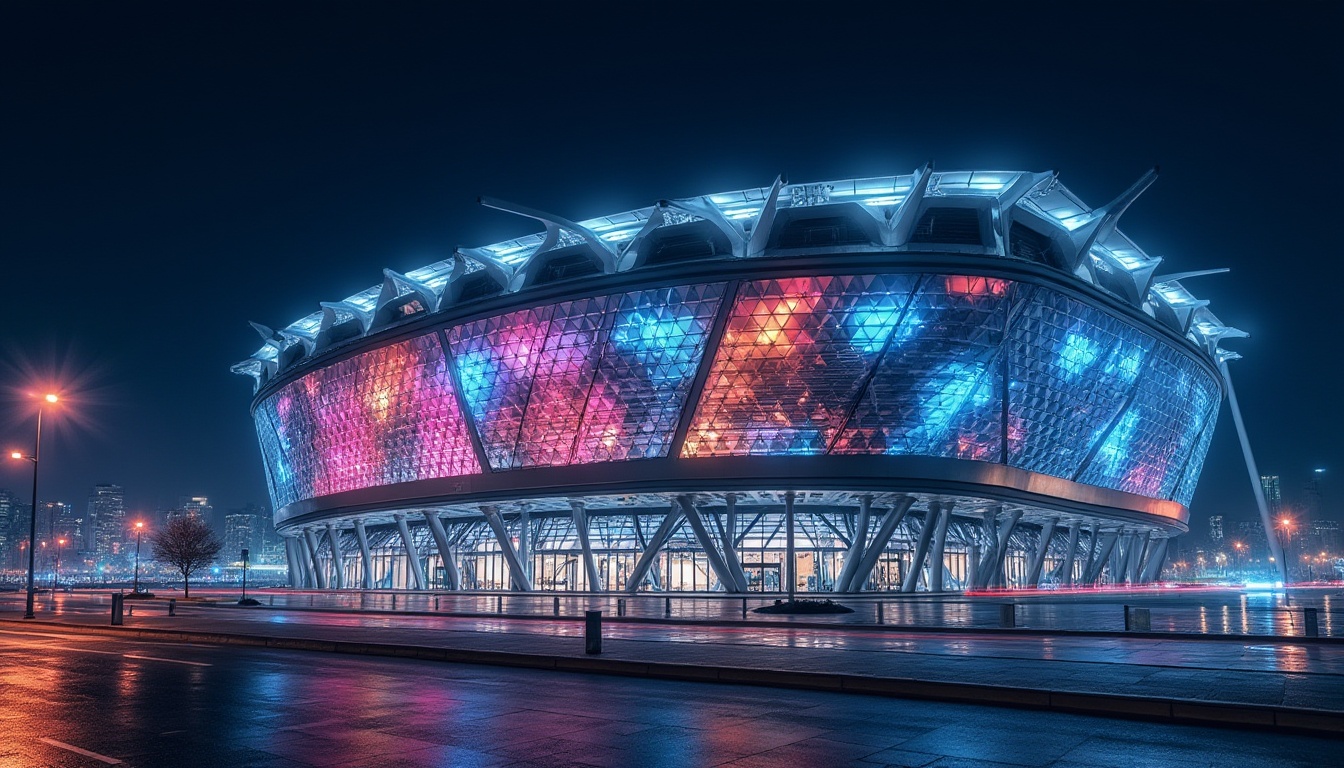 Prompt: Stadium facade, modern architecture, sleek lines, glass and steel materials, geometric shapes, dynamic LED lights, urban cityscape, night view, dramatic spotlighting, low-angle shot, 3/4 composition, high-contrast lighting, bold colors, futuristic feel, angular pillars, cantilevered roofs, abstract patterns, metallic textures, reflective surfaces.