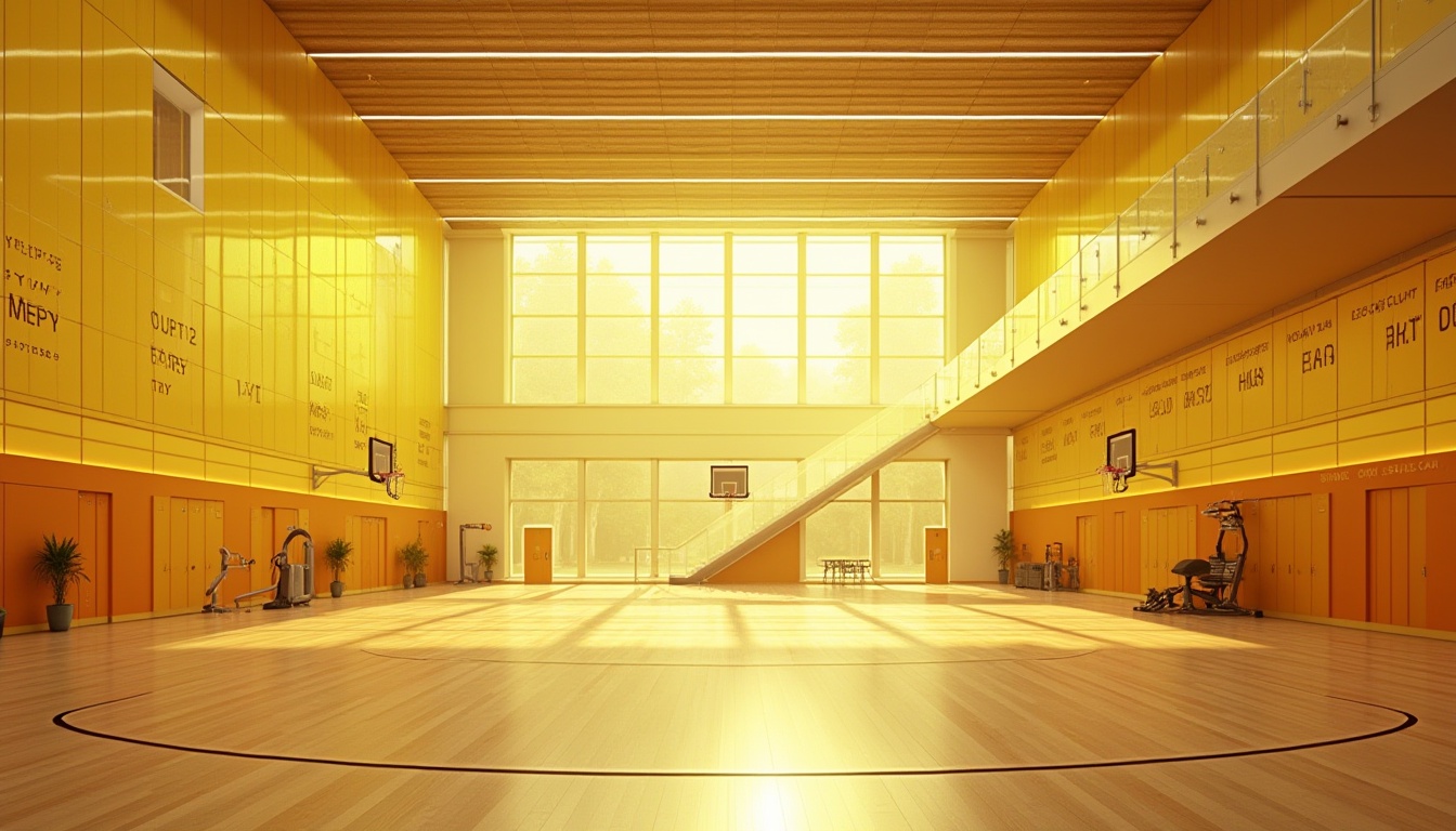 Prompt: Modern gymnasium interior, innovative use of light yellow colored glass, floor-to-ceiling windows, natural daylight pouring in, warm ambiance, sleek lines, minimalist decor, light yellow glass partitions, transparent staircase, polished wooden floors, athletic equipment scattered around, basketball hoops, fitness machines, rows of lockers, motivational quotes on walls, calm atmosphere, soft focus, shallow depth of field, 3/4 composition, cinematic lighting.