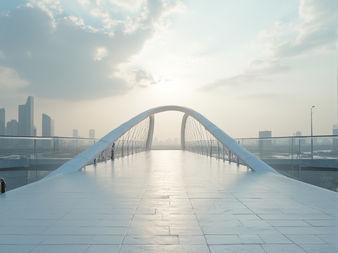 Prompt: Minimalist bridge, gentle curves, sleek lines, pure white paint, smooth stone pavement, subtle steel cables, modern urban setting, cityscape background, cloudy sky with soft sun rays, shallow depth of field, cinematic composition, 3/4 view, architectural photography, natural light, atmospheric mood.