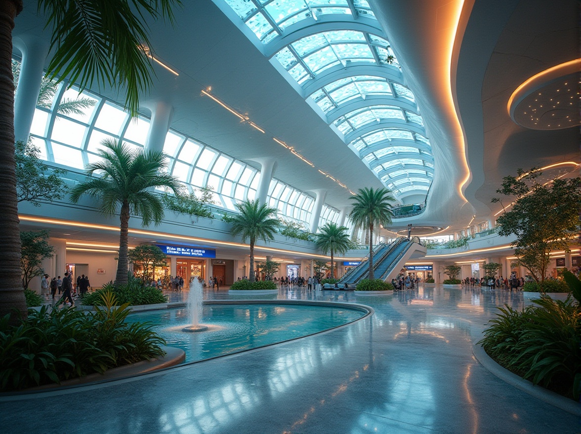 Prompt: Futuristic airport, fusion architecture, modern curves, glass domes, steel beams, vibrant LED lights, bustling atmosphere, departures board, luggage carts, passengers walking, escalators, moving walkways, indoor tropical garden, exotic plants, palm trees, water features, fountains, reflecting pool, marble flooring, airy high ceilings, natural light pouring in, panoramic view, 3/4 composition, soft focus, ambient lighting, cinematic mood.