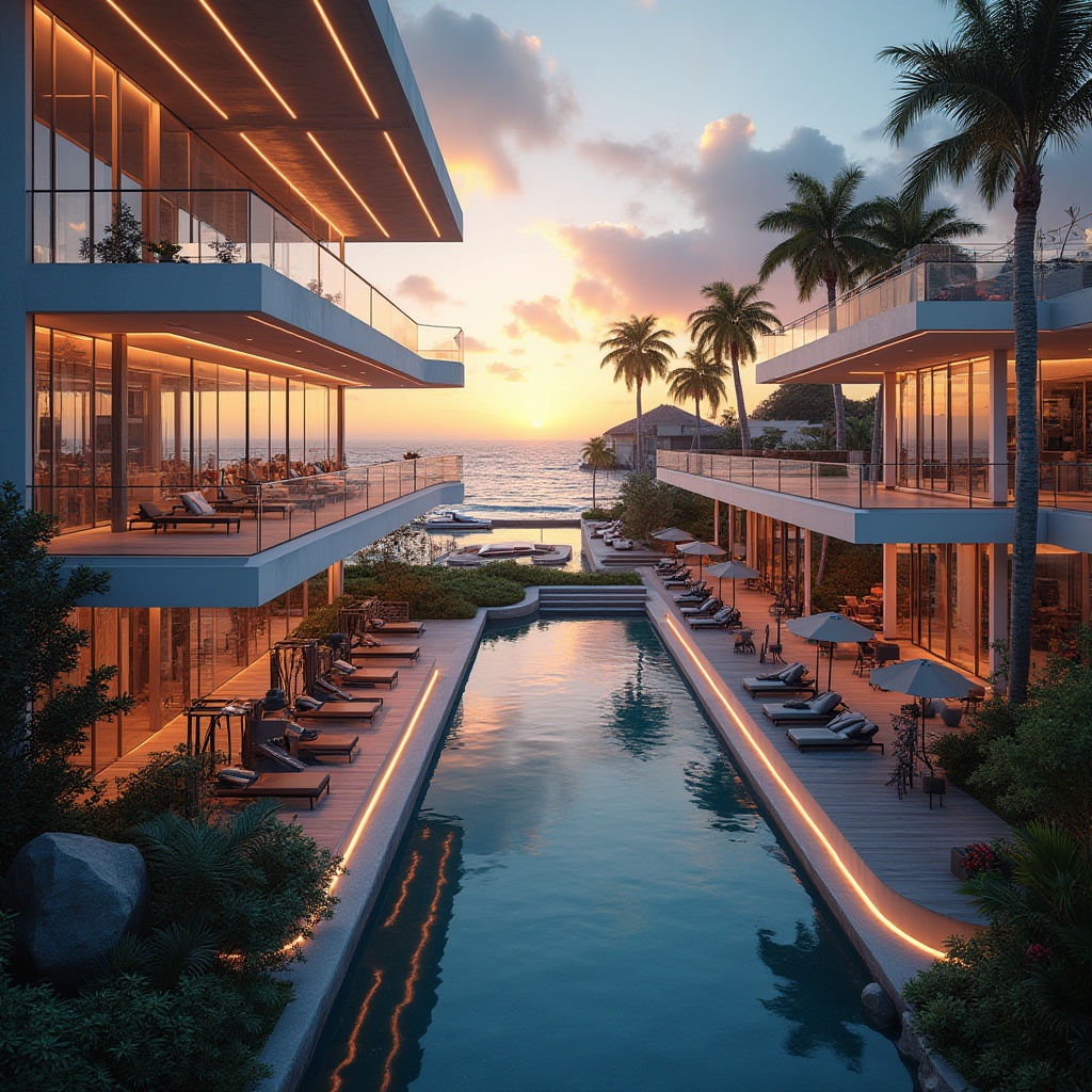 Prompt: Futuristic island gymnasium, modern architecture, sleek lines, metallic materials, glass walls, ocean views, tropical plants, palm trees, beachside location, sunset lighting, warm ambiance, dynamic composition, 3/4 view, aerial shot, drone perspective, athletic facilities, sports equipment, exercise machines, free weights, mirrored walls, wooden floors, minimalist decor, ambient soundtrack, vibrant colors, neon lights, LED illumination, water features, infinity pool, rooftop garden, sustainable design, eco-friendly materials.