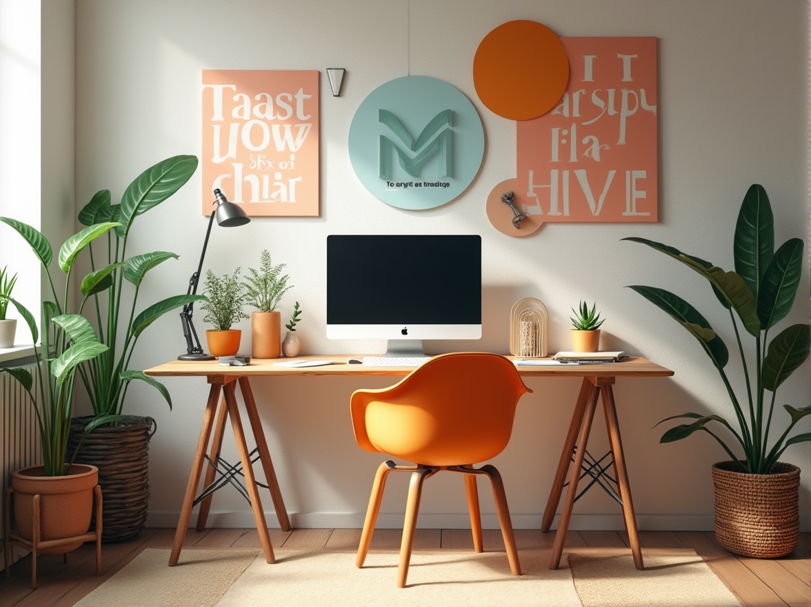 Prompt: Modern design studio, colorful palette, cohesive color scheme, vibrant hues, pastel shades, bold typography, minimalistic composition, geometric shapes, wooden desk, ergonomic chair, iMac, design software, creative workspace, natural light, green plants, inspirational quotes, artistic decor, abstract artwork, monochromatic background, shallow depth of field, cinematic lighting, 3/4 composition, warm and inviting atmosphere.