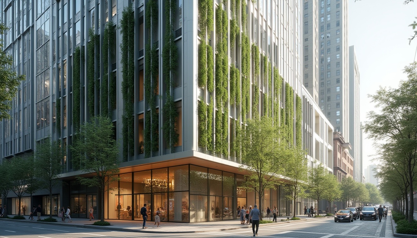 Prompt: Modern building facade, glass curtain wall, sleek metallic frame, vertical green walls, minimalist aesthetic, clean lines, geometric shapes, subtle textures, neutral color palette, earthy tones, natural light reflection, urban cityscape background, busy streets, pedestrian traffic, trees lining the sidewalk, morning sunlight, soft shadows, 3/4 composition, cinematic lighting.