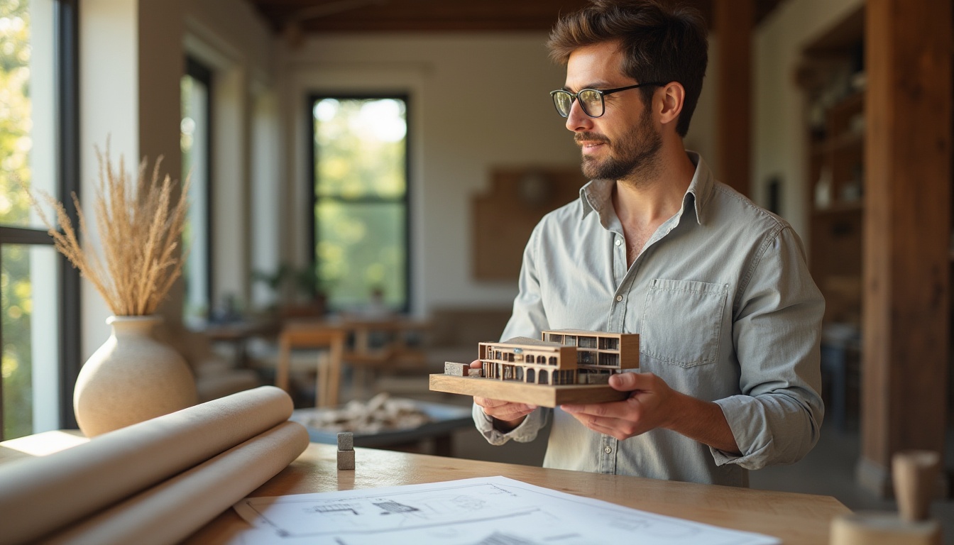 Prompt: Modern architect, thoughtful expression, middle-aged man, bespectacled, short brown hair, gentle smile, holding a miniature model of a building, standing in front of a large wooden desk with rolled-up blueprints, surrounded by various materials such as reclaimed wood, bamboo, steel beams, and low-carbon concrete samples, natural light pouring in from the floor-to-ceiling windows, minimalist office interior, 3/4 composition, warm ambient lighting, shallow depth of field, emphasis on the subject's hands and the building model.