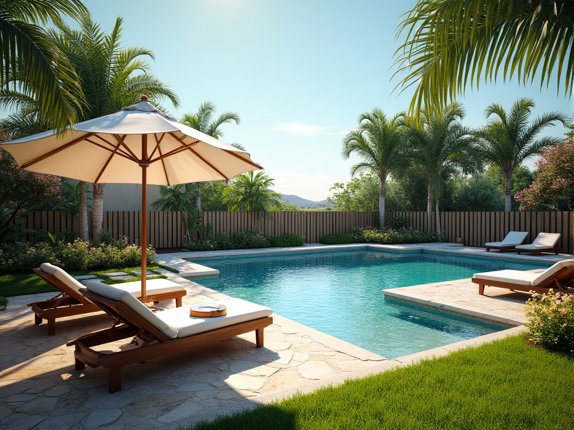 Prompt: Luxurious backyard, inviting outdoor space, sunny day, clear blue sky, poolside lounge chairs, reclining, parasol, palm trees, blooming flowers, lush green grass, stone paved deck, wooden fence, serene ambiance, warm lighting, sparkling water, gentle ripples, pool floats, tropical vibe, relaxation, leisure, 3/4 composition, shallow depth of field, soft focus.