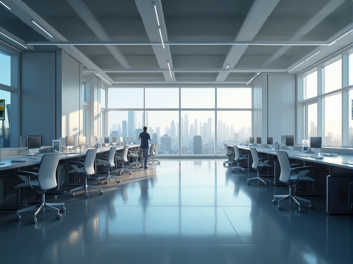 Prompt: Modern minimalist spatial organization, maximizing functionality, futuristic high-tech laboratory, sleek lines, metallic surfaces, LED lights, ergonomic chairs, modular desks, floor-to-ceiling windows, cityscape view, afternoon sunlight, subtle shadows, 3/4 composition, low-angle shot, cinematic lighting, depth of field.