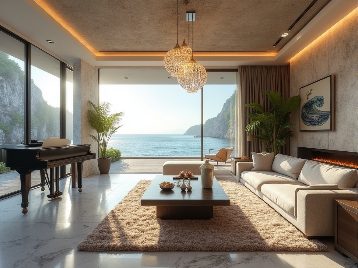 Prompt: Waterfront villa, luxurious interior design, spacious living room, floor-to-ceiling windows, ocean views, modern minimalist furniture, marble flooring, crystal chandelier, grand piano, comfortable couch, fluffy rug, decorative vases, water-inspired artwork, wave-patterned wallpaper, aquarium coffee table, indoor waterfall feature, natural stone wall, tropical plants, soft warm lighting, morning sunlight, serene atmosphere, 3/4 composition, shallow depth of field.