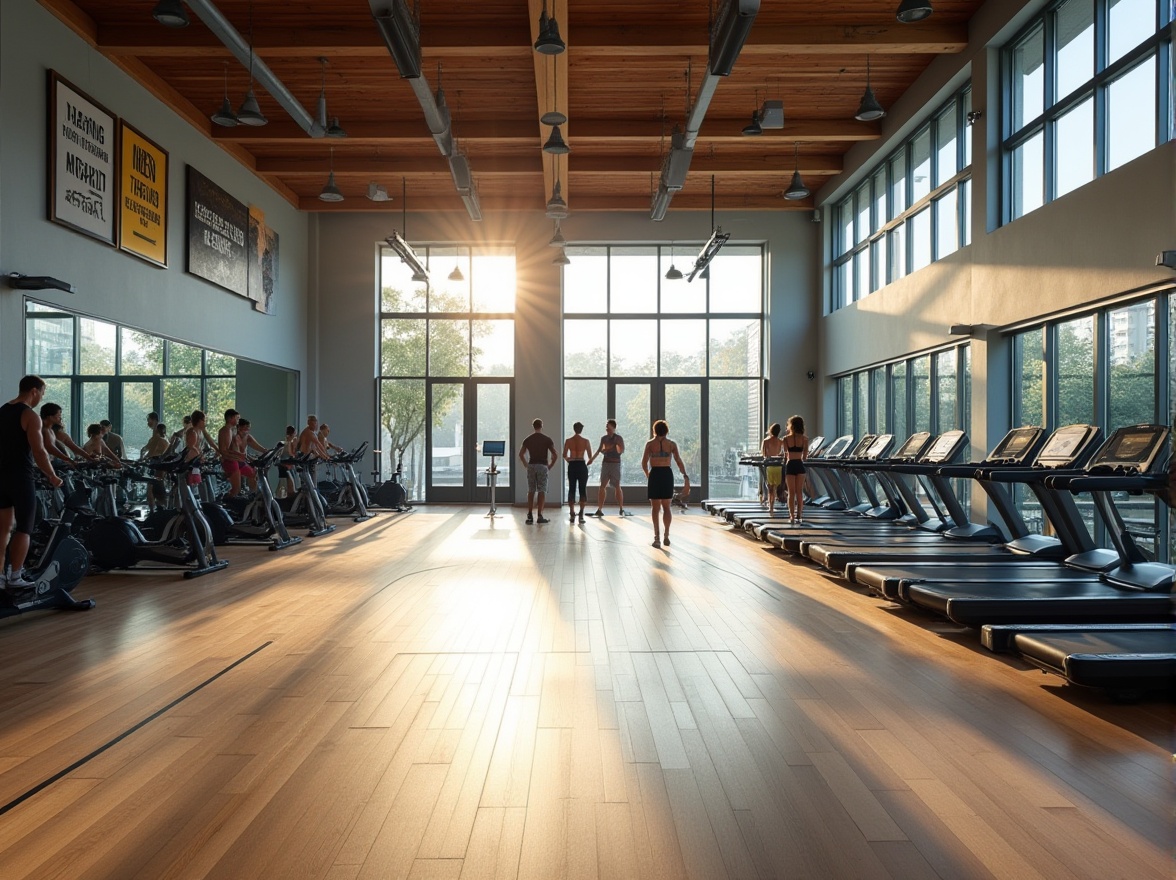 Prompt: Modern gymnasium, bright natural light, large windows, wooden floor, basketball court, rows of exercise equipment, treadmills, free weights, fitness classes, group training, spinning bikes, yoga mats, mirrored walls, athletic young adults, diverse skin tones, sporty outfits, sweat-drenched faces, intense workout sessions, motivational quotes, inspirational posters, clean and organized layout, minimalistic design, calm atmosphere, morning sunlight, high ceilings, spacious interior, 3/4 composition, shallow depth of field.