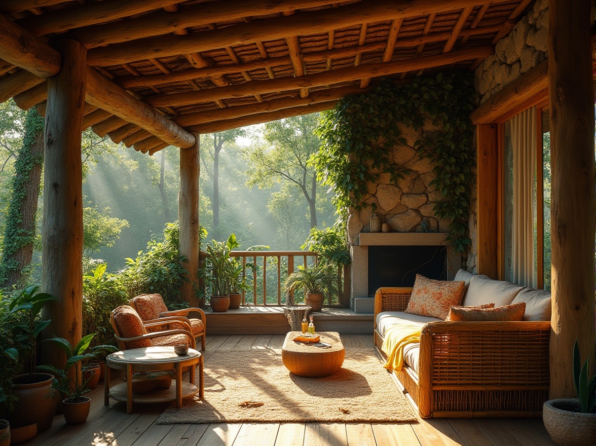 Prompt: natural materials, organic architecture, earthy tone, wooden texture, stone structure, bamboo weaving, rattan furniture, leafy greenery, vines crawling up walls, earth floor, natural light pouring in, warm ambiance, cozy atmosphere, secluded surroundings, forest setting, mountain lodge, rustic villa, soft focus, cinematic composition, warm color palette, depth of field.