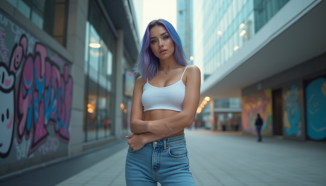 Prompt: Modern, trendy woman, 25yo, standing, confident pose, blue-violet hair, bold eyeliner, glossy lips, sleek waist, fitted denim jeans, white sneakers, casual chic outfit, city street, contemporary skyscraper, glass and steel structure, abstract graffiti art, urban atmosphere, warm evening light, soft focus, 3/4 composition, shallow depth of field.