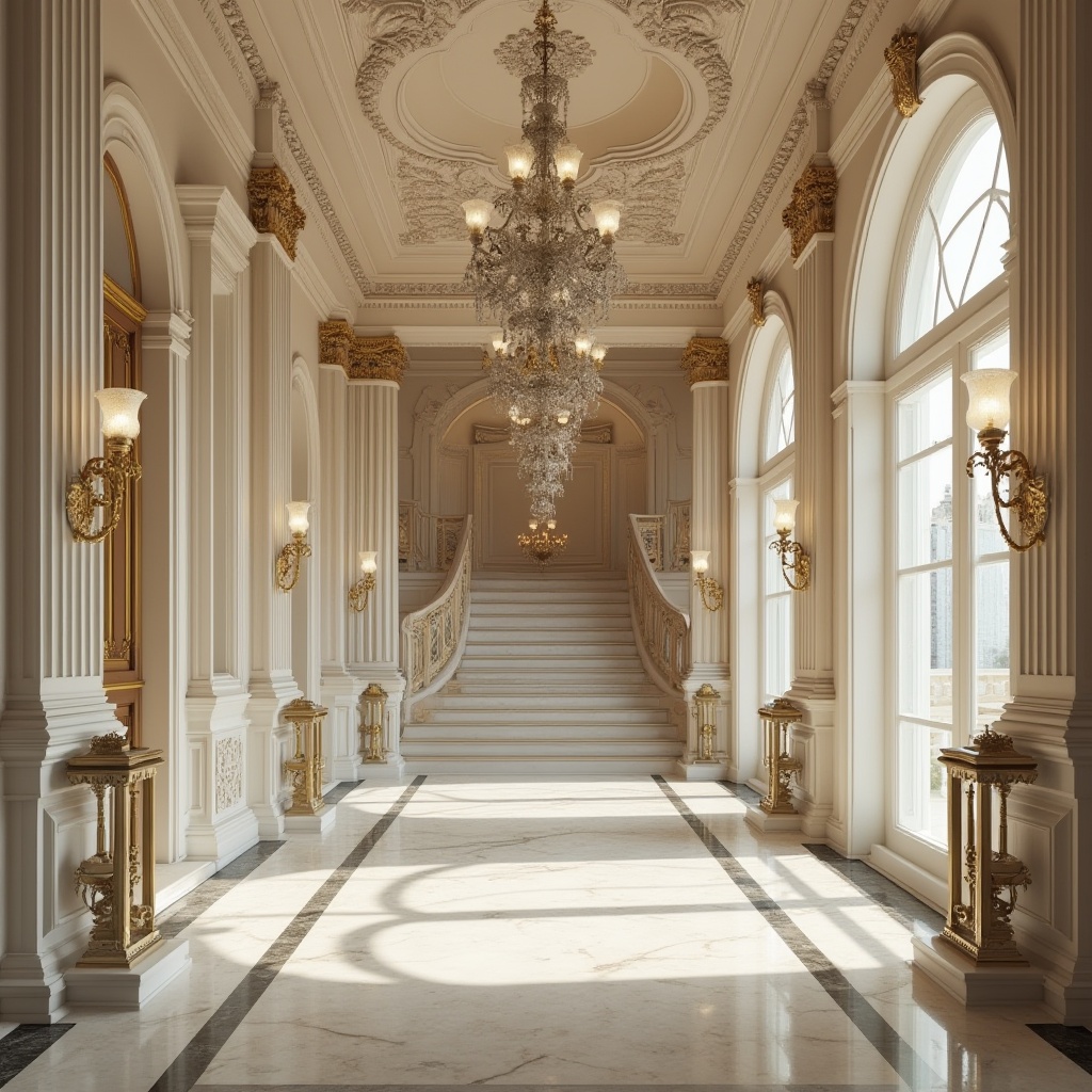 Prompt: Neoclassicism style, harmonious color palette, creamy whites, warm beiges, soft grays, muted golds, elegant blacks, subtle creams, luxurious marbles, ornate carvings, classical columns, intricate moldings, grandiose archways, lavish chandeliers, sophisticated furnishings, opulent fabrics, Baroque patterns, Renaissance inspirations, majestic halls, grand staircases, sweeping drapery, regal ambiance, soft warm lighting, cinematic composition.