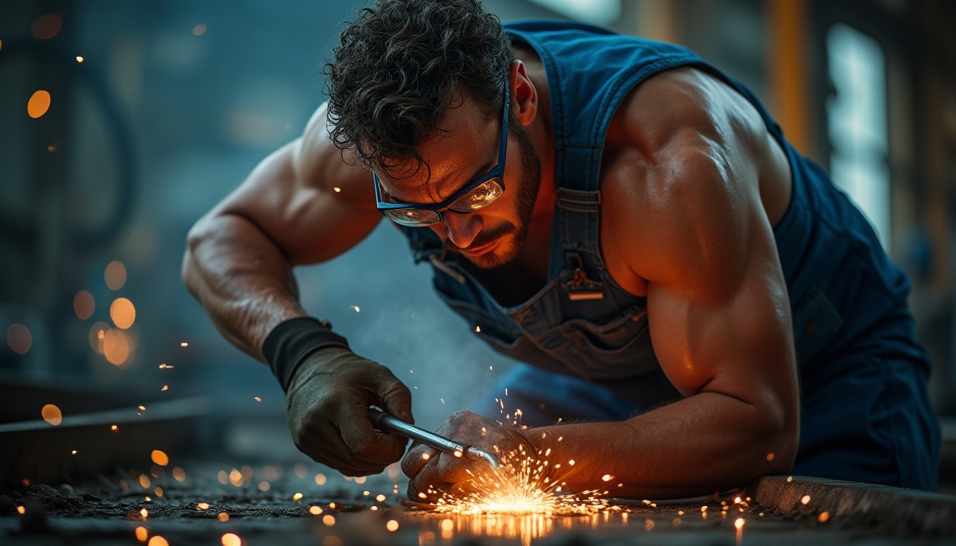 Prompt: Galvanized steel, metallic texture, rugged industrial setting, factory background, sparks flying, welding equipment, blue overalls, safety goggles, muscular male worker, intense facial expression, sweat droplets on forehead, strong hand grip, holding welding torch, low-angle shot, dramatic lighting, high-contrast composition, realistic rendering.