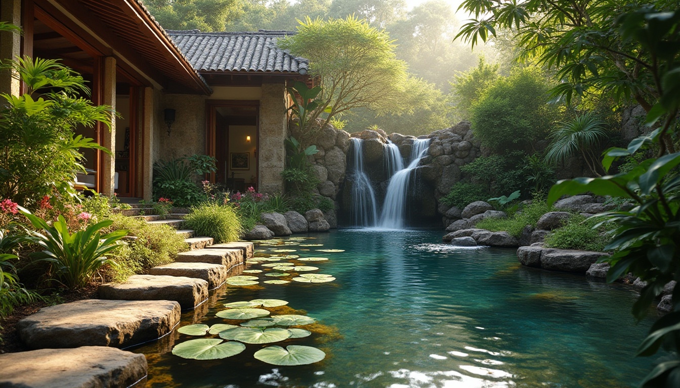 Prompt: Luxurious villa, backyard oasis, serene ambiance, natural stone walls, gentle waterfalls, small pond with lily pads, calm waters reflecting surrounding greenery, few stepping stones crossing the pond, lush vegetation, tropical plants, colorful flowers, subtle mist rising from the falls, warm sunlight filtering through trees, soft focus, 3/4 composition, cinematic lighting.