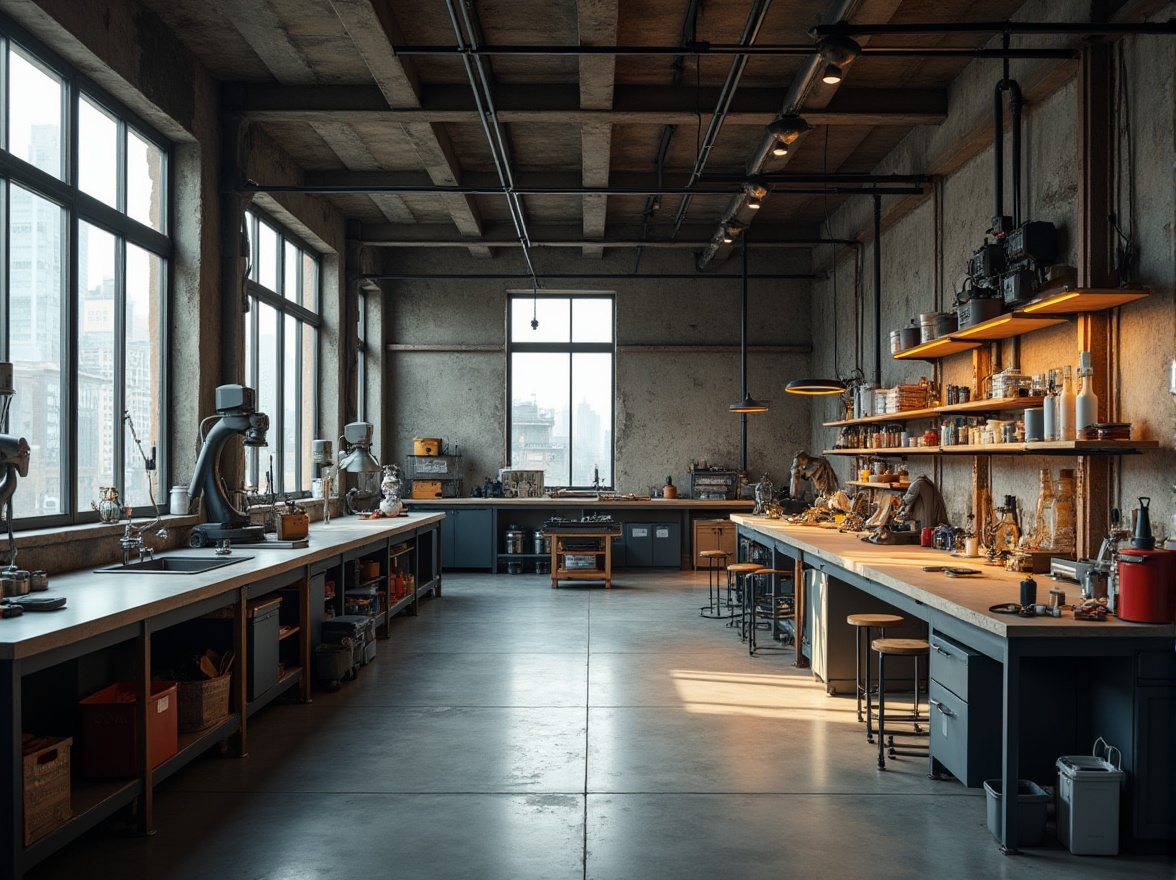 Prompt: Urban minimalist workshop, industrial style, granite countertops, steel beams, concrete floor, modern machinery, metal tools, wooden workbenches, minimal decor, functional lighting, raw unfinished walls, open space, high ceiling, cityscape views, daytime natural light, dramatic shadows, 3/4 composition, cinematic mood, architectural photography.