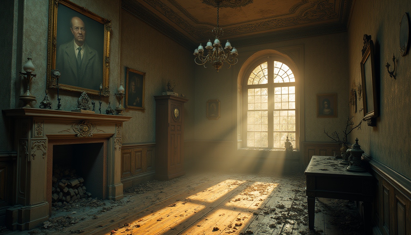 Prompt: Mysterious abandoned villa, eerie atmosphere, misty morning, warm golden light, soft shadows, faded grandeur, peeling wallpaper, worn wooden floorboards, dusty chandeliers, intricate carvings, mysterious portraits, old leather-bound books, vintage clocks, Gainsboro-inspired color palette, muted earth tones, warm beige, soft sage, mossy green, weathered stone, rusty metal accents, overgrown gardens, twisted vines, withered flowers, misty fog rolling in, cinematic composition, low-key lighting, 3/4 view.