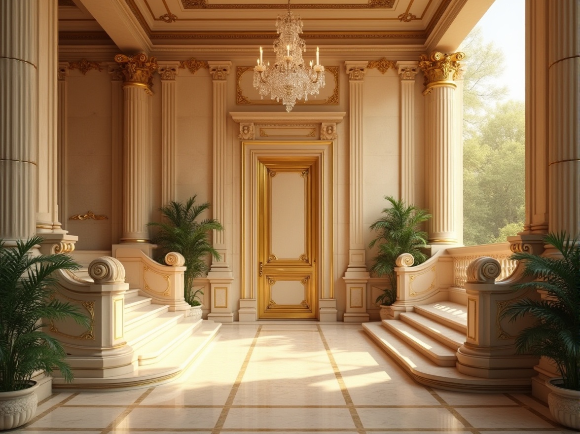 Prompt: Neoclassical architecture, harmonious color palette, warm beige stone walls, cream marble columns, soft gold accents, ornate bronze door handles, grand staircase, crystal chandelier, lush greenery, potted plants, subtle lighting, afternoon sunbeams, warm shadows, Renaissance-inspired, classical proportions, intricate carvings, ornate moldings, symmetrical composition, elegant atmosphere.